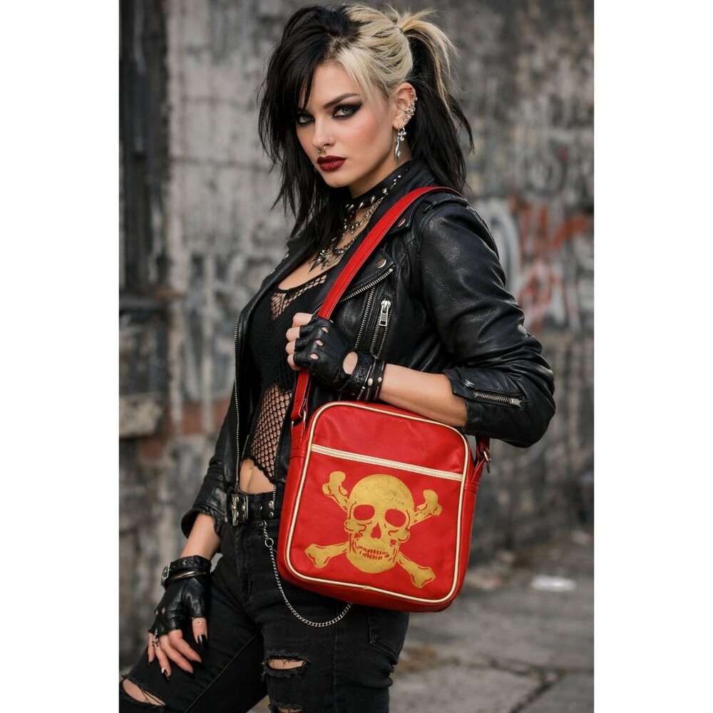 Red Skull & Crossbones Messenger Bag | Retro Punk Gothic Crossbody | 11 x 9